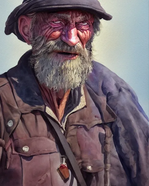 Prompt: a oil / watercolor painting full body character portrait of an old homeless soldier fighting to defend his family in the style of moebius in the style of leonard boyarsky trending on artstation deviantart pinterest detailed photorealistic highlights and shadow hd 8 k post - processing high resolution