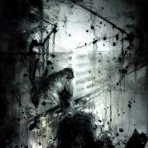 Image similar to a man stealing energy from another man by emil melmoth zdzislaw belsinki craig mullins yoji shinkawa realistic render ominous detailed photo atmospheric by jeremy mann francis bacon and agnes cecile ink drips paint smears digital glitches glitchart