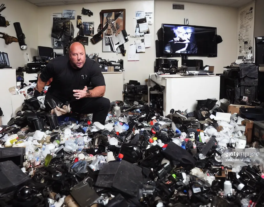 Image similar to SWAT Police group raiding Alex Jones in his INFOWARS studio surrounded by trash and herbal supplements and rubbish and broken camera TV equipment, Alex Jones is very angry, smoke and gas, dramatic press photo