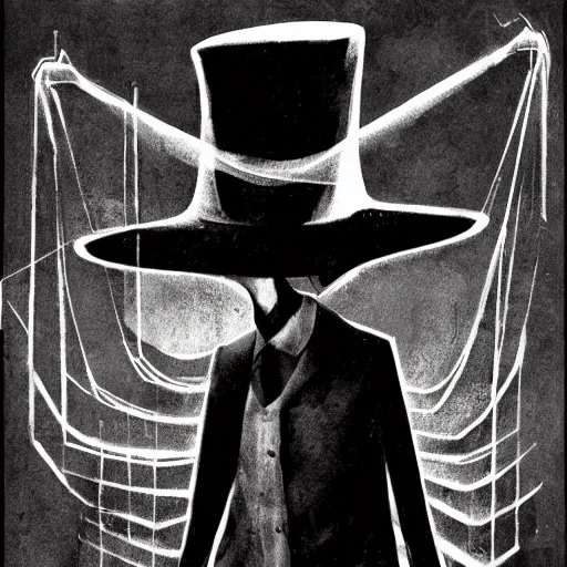 Image similar to A diphenhydramine trip, by Dave McKean, spiders, dark, hat man