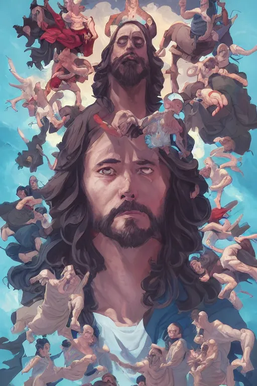 Prompt: jesus on an upside down cross by artgerm, tooth wu, dan mumford, beeple, wlop, rossdraws, james jean, marc simonetti, artstation giuseppe dangelico pino and michael garmash and rob rey and greg manchess and huang guangjian and makoto shinkai