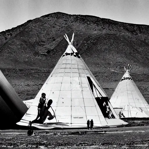 Prompt: portrait of Iroquois warrior standing next to the space ship shuttle crashed in the desert,Indian tipis in the background, black and white old photo, vintage