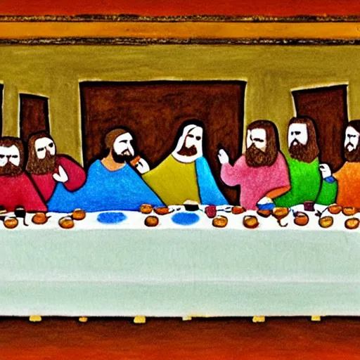 Image similar to last supper, drawn by a 5 year old detailed, sketh