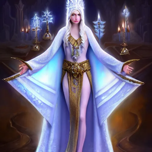 Image similar to beautiful ice queen in ornate robes, highly detailed, 8 k, hdr, award - winning, trending on artstation, anne stokes, hyper realistic