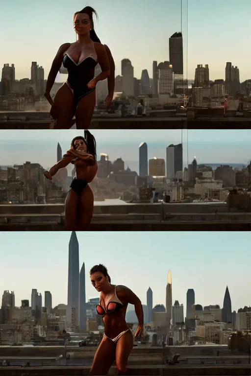 Image similar to VFX movie still frame portrait beautiful DC vs. Marvel hero Lindsey pelas natural skin, hero pose, natural evening light in the city by Emmanuel Lubezki