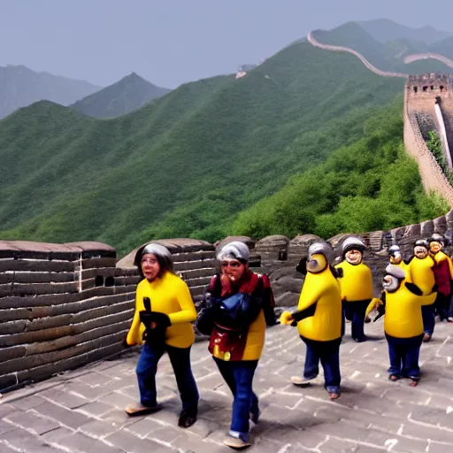 Prompt: The Minions, walking in a single file line, on the Great Wall of China, photo realistic