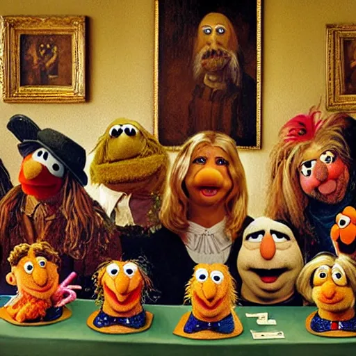 Image similar to realistic painting of muppets at church, in the style of hieronymus bosch and johannes vermeer