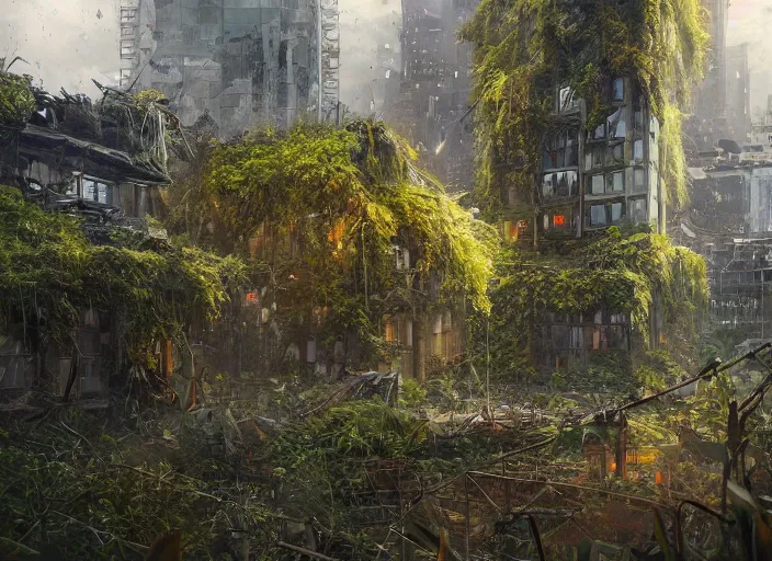 Image similar to overgrown foliage overtaking tall destroyed buildings, biopunk, scenery, professional, award - winning, trending on artstation, detailed, realistic, beautiful, emotional, shiny, golden, picture