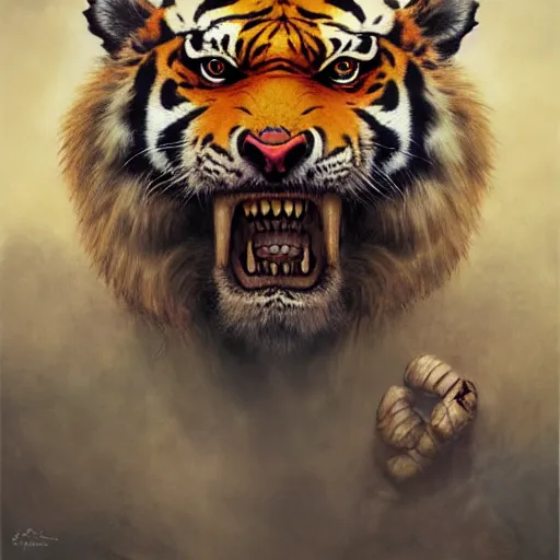 Prompt: head and shoulders portrait of a tiger - headed rakshasa, d & d, fantasy, greg rutkowski, frank frazetta, alexandre chaudret, boris vallejo, michael whelan, miro petrov, hr giger, magali villeneuve, donato giancola