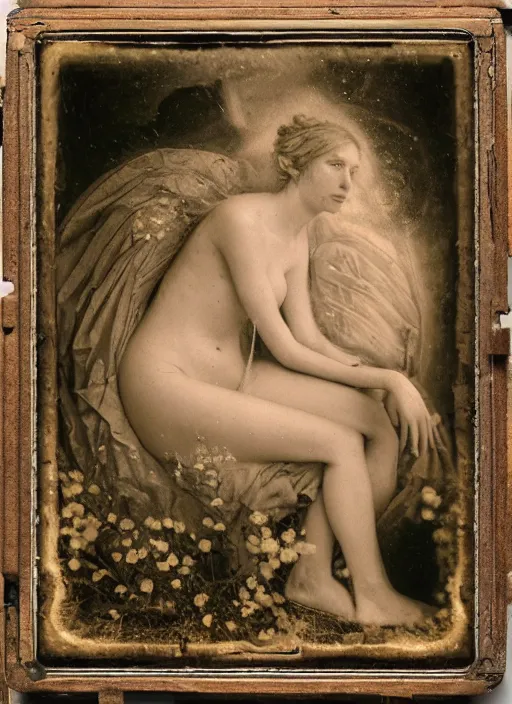 Prompt: old wetplate daguerreotype birth of venus, fractal, intricate, elegant, highly detailed, parallax, leica, medium format, subsurface scattering, by jheronimus bosch and greg rutkowski and louis jacques mande daguerre