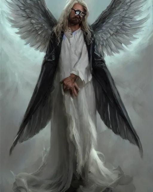 Image similar to walter white winged angel, male!!!!!!!, long white hair, by daniel gerhartz, trending on artstation