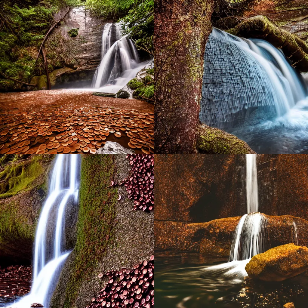 Prompt: a waterfall made out of pennies, nature photography, cinematic,