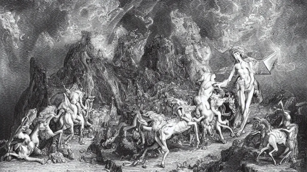 Prompt: mankinds discovery of alchemy sacred geometry engraving with unicorn by gustave dore, colorized