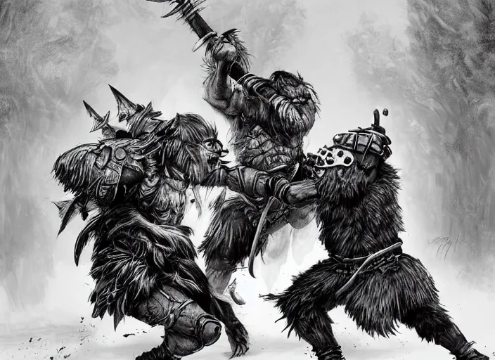 Prompt: a human warrior fighting a bugbear, black and white fantasy illustration by nils gulliksson