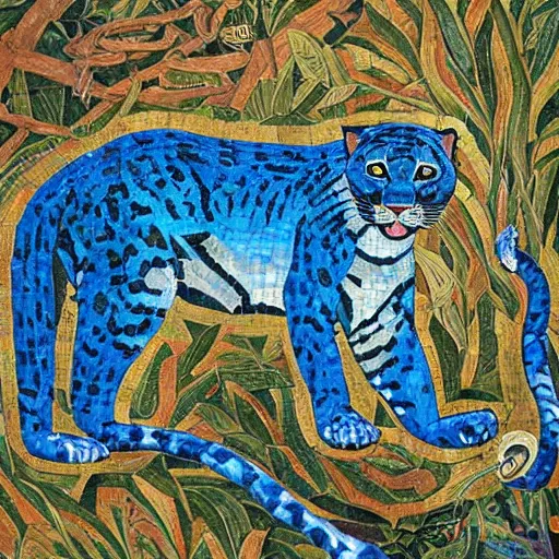 Image similar to church painting of the god of nature, the blue panther, hyperdetailed, mosaic