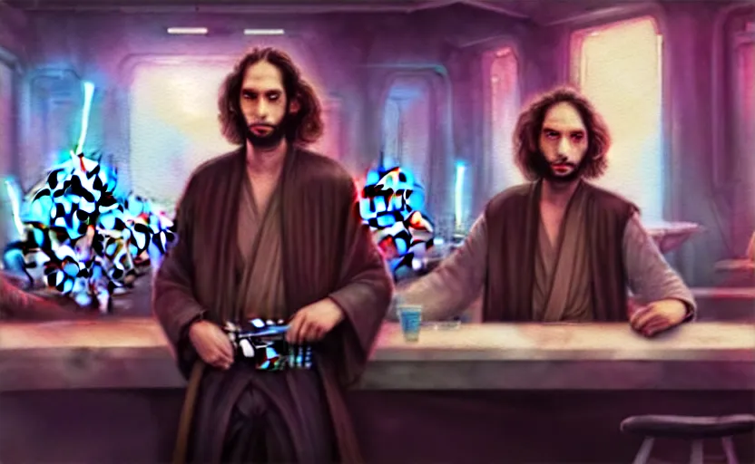 Image similar to a realistic star wars watercolor fantasy concept art of a drug dealer that looks like chris d'elia in a sleazy futuristic bar of coruscant, hq, 4 k