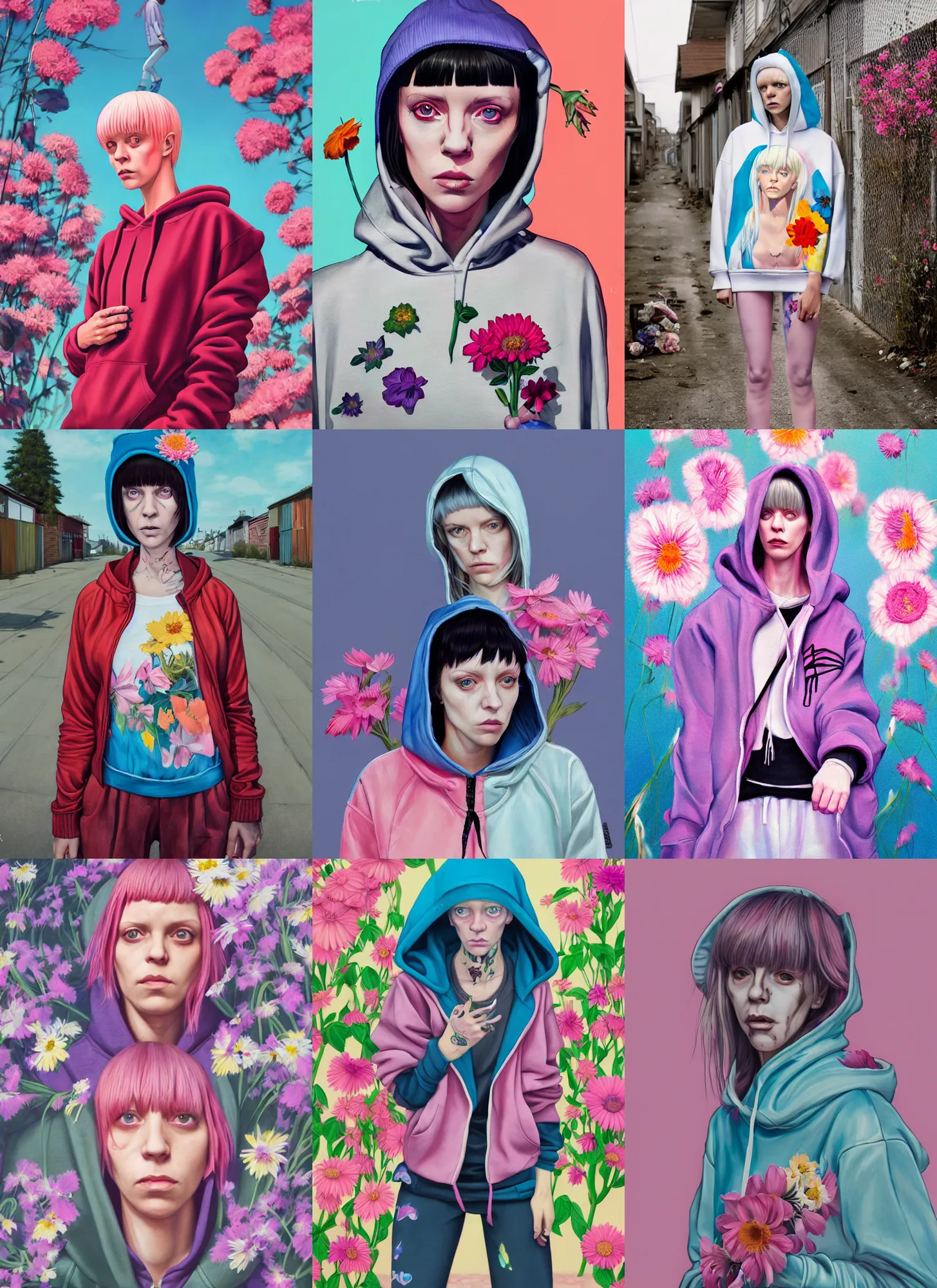 Prompt: still from music video of martine johanna from die antwoord standing in a township street, wearing a hoodie and flowers, street clothes, full figure portrait painting by martine johanna, ilya kuvshinov, rossdraws, pastel color palette, 2 4 mm lens