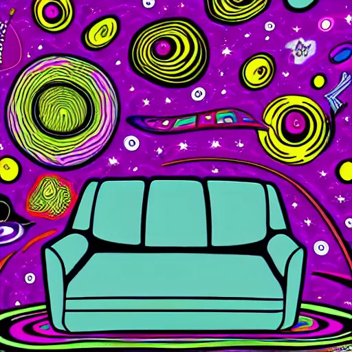 Image similar to psychedelic trippy couch in space, planets, milky way, sofa, detailed cartoon