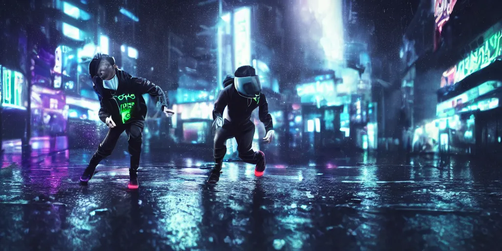 Prompt: slow motion film still of futuristic break dancer wearing dark suit with neon lights, long exposure shot , at night in the middle of a rainy street, paddle of water, water splashes, rim lights, glossy reflections, octane render, detailed and soft, by laurie greasley