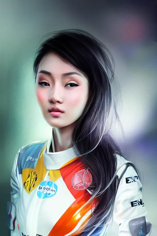 Image similar to portrait beautiful asian female formula one racer, wearing formula one racer uniform, at formula one racing car repair room, ssci-fi, fantasy, intricate, very very beautiful, elegant, human anatomy, neon light, highly detailed, digital painting, artstation, concept art, soft light, smooth, sharp focus, illustration, art by Brook Shaden and tian zi and alphonse mucha