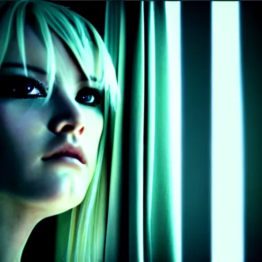 Image similar to beautiful android peeking at you though the curtains, short spiky blonde hair, cyberpunk outfit, still from closed circuit tv footage