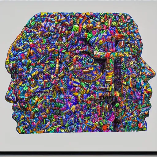 Prompt: A drawing. A rip in spacetime. Did this device in his hand open a portal to another dimension or reality?! bismuth by Sandy Skoglund exciting