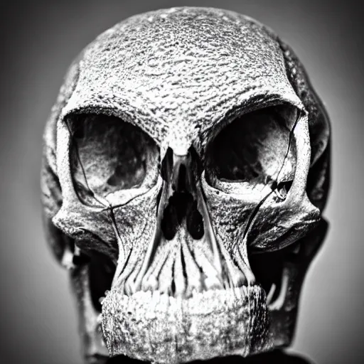 Image similar to A skull of a weird alien creature, intricate, bones, 35mm, photorealistic, realistic, depth of field, photography, high definition, 8k