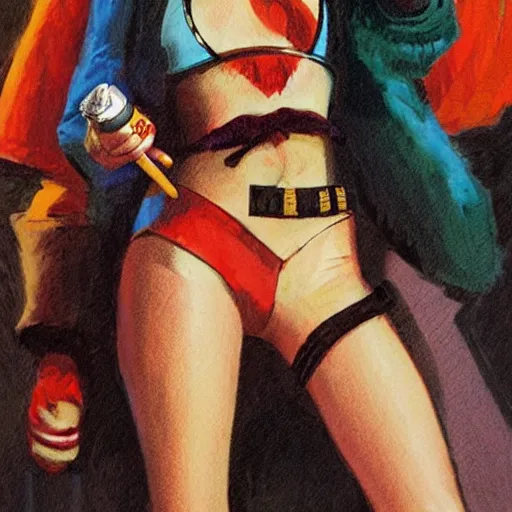 Image similar to Harley Quinn holding cigarette, artwork by Earl Norem,