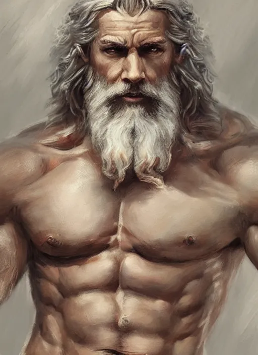 Image similar to painted portrait of rugged zeus, greek god, white hair, masculine, mature, handsome, upper body, muscular, hairy torso, fantasy, intricate, elegant, highly detailed, digital painting, artstation, concept art, smooth, sharp focus, illustration, art by gaston bussiere