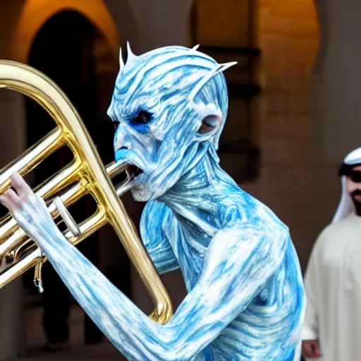 Prompt: a white walker playing a trombone in dubai