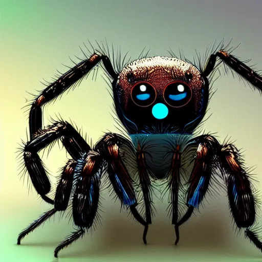 Image similar to a giant jumping spider using a computer keyboard, by pixar, iridescent, character concept art