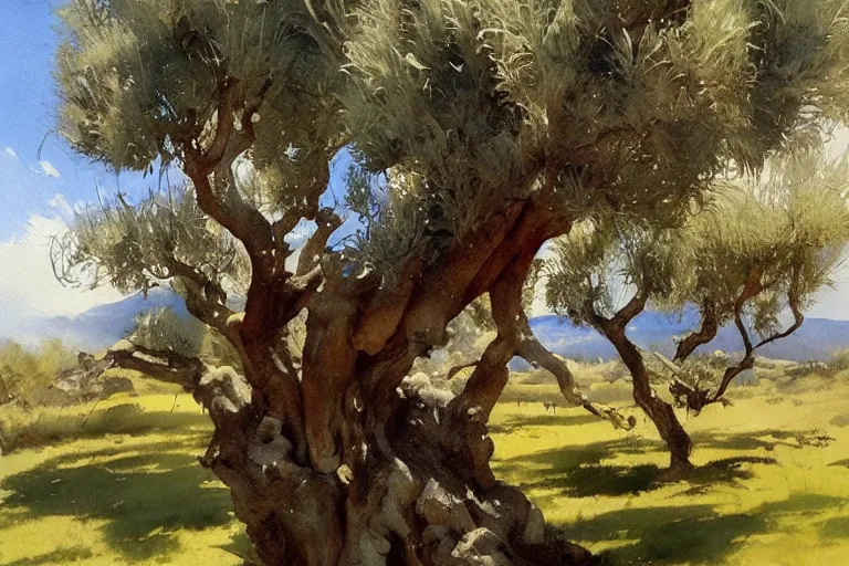 Prompt: watercolor painting of young olive tree in portugal, art by hans gude, art by hans dahl, by jesper ejsing, art by anders zorn, wonderful masterpiece by greg rutkowski, cinematic light, american romanticism by greg manchess, creation by tyler edlin