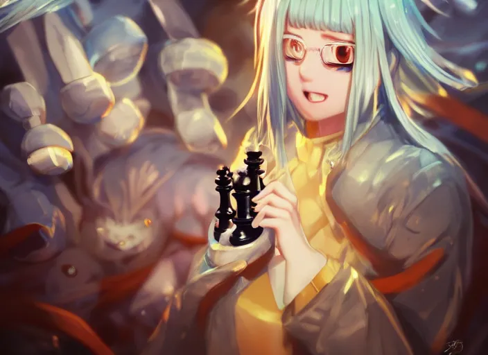 Prompt: rimuru playing chess, with gold eyes, straight hair, sky blue hair, long bangs, high collar, concept art, award winning photography, digital painting, cinematic, by wlop, anime key visual, wlop, 8 k, by ross tran, tom bagshaw, andy warhol