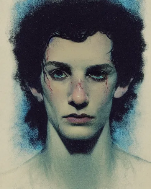 Prompt: a beautiful but sinister young man in layers of fear, with haunted eyes and wild hair, 1 9 7 0 s, seventies, woodland, a little blood, moonlight showing injuries, delicate embellishments, painterly, offset printing technique, by brom, robert henri, walter popp