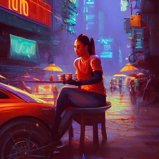 Image similar to anthropomorphic female vulpes vulpes fulva woman sitting at a noodle stand eating noodles in the crowded street of a cyberpunk city, rain, harsh neon lights, highly detailed, digital painting, trending on artstation, concept art, sharp focus, illustration, art by artgerm and greg rutkowski and magali villeneuve
