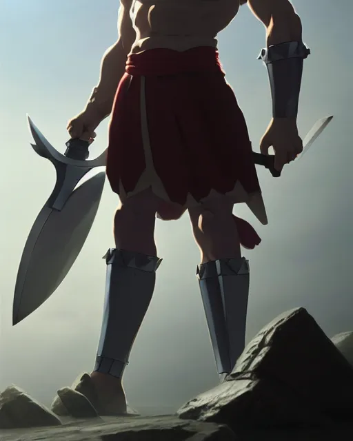 Image similar to strong muscular warrior with a greatsword and fully clad in plate armor, square masculine jaw, short messy hair, intimidating appearance, 3 d octane render, unreal engine 5, ultra high detail, cel shaded, trending on pixiv fanbox, by greg rutkowski makoto shinkai takashi takeuchi studio ghibli, akihiko yoshida