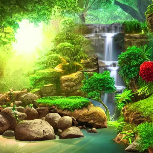 Prompt: beautiful jungle landscape with waterfalls, stones, rocks, plants, flowers, sun rays, warm, sunny, realistic digital art