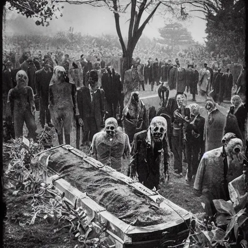 Image similar to photograph of a funeral with a zombie coming up out of the ground. 8k