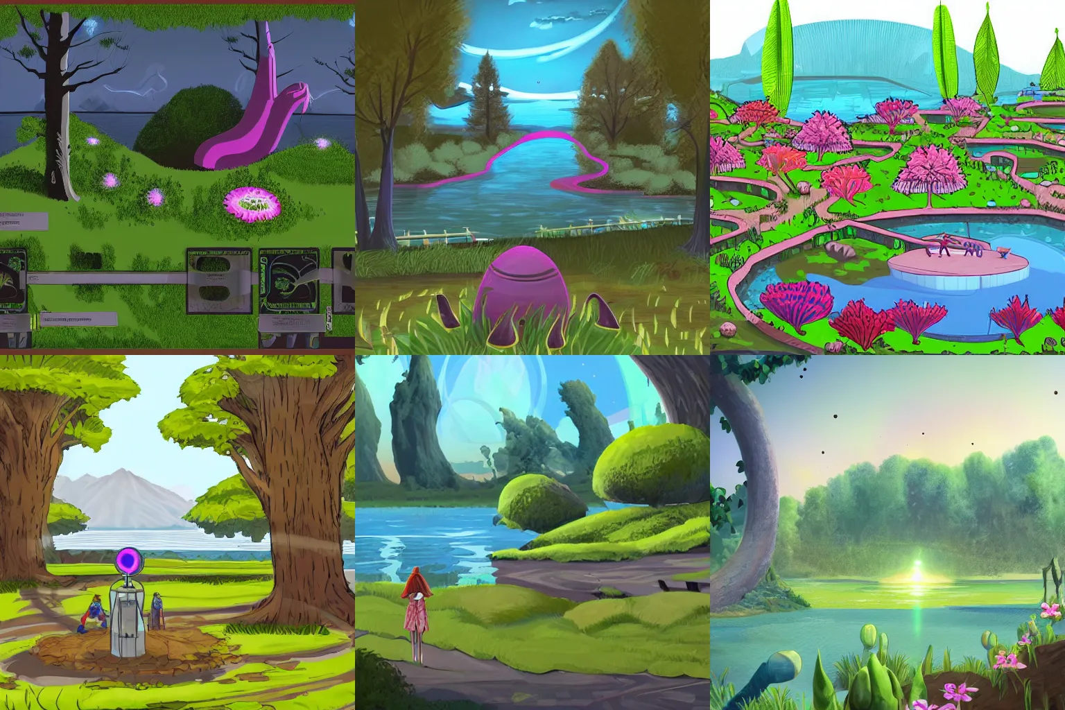 Prompt: in a park and next to a lake, in a small town on an alien planet, with strange alien plants and flowers, from a space themed Serria point and click 2D graphic adventure game, made in 2019, digital art