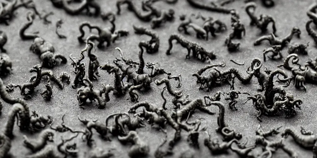 Image similar to miniature figurines of lovecraftian monsters, close up, detail, tilt shift, product photography