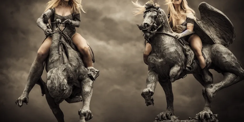 Prompt: a beautiful blond woman riding a gargoyle into battle, 8 k, moody lighting, shallow depth of field,