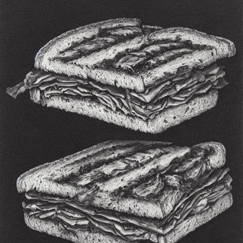 Prompt: a painting of a sandwich by m. c. escher.