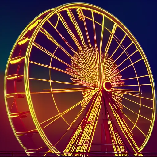 Image similar to ferris wheel at sunrise. neon light, award winning, artstation, intricate details, realistic, volumetric lighting, sun rays beaming, hyperdetailed, 8 k resolution, golden hour, intricate art nouveau, smooth, sharp focus, rendered in unreal engine 3