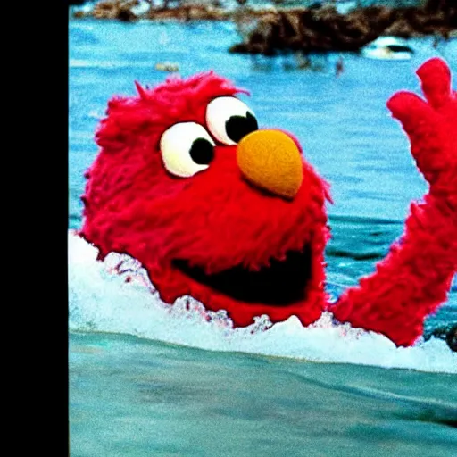 Prompt: cnn news footage of elmo being washed up on shore, tv