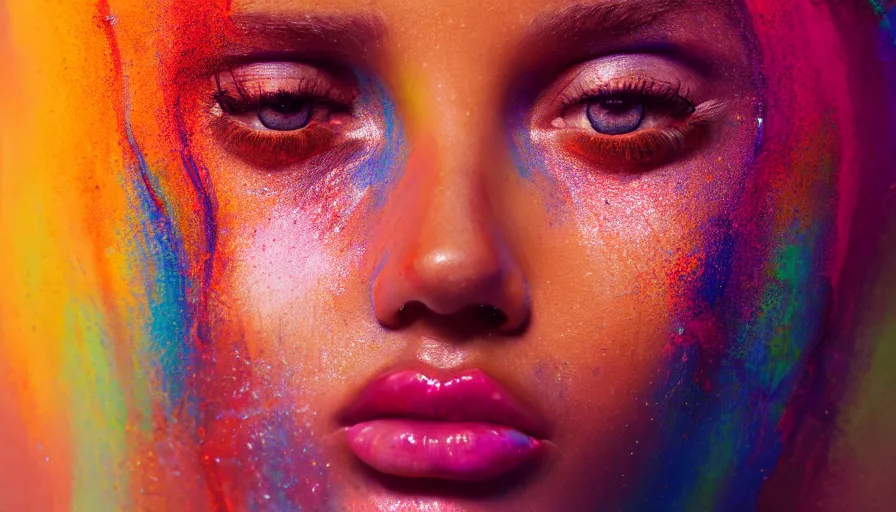 Prompt: very beautiful woman, face submerged in colorful oils, brown skin, realism, extreme detail, real life, key art, soft light, volumetric light, 3 - d shadows, photo by james jean and wlop, photoshoot