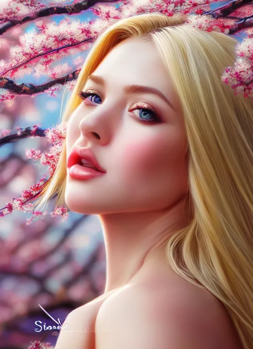 Image similar to photo of a gorgeous blonde female in the style of stefan kostic, realistic, half body shot, sharp focus, 8 k high definition, insanely detailed, intricate, elegant, art by stanley lau and artgerm, extreme blur cherry blossoms background