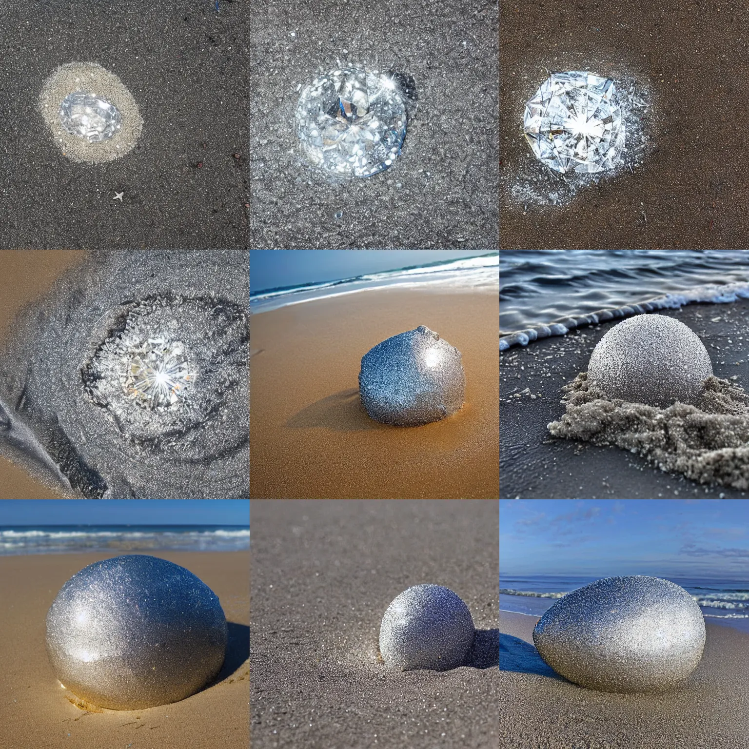 Prompt: a large glittering diamond washed ashore on a beach, high-resolution photograph