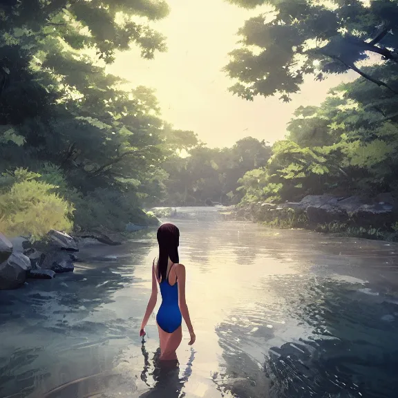 Prompt: one single girl wearing a blue full body bathing suit wading, wading weight high water, standing in a narrow river, trees bent over the river, shady, ripples, looking at the camera, front facing, inviting look, atmospheric lighting. By Makoto Shinkai, Stanley Artgerm Lau, WLOP, Rossdraws, James Jean, Andrei Riabovitchev, Marc Simonetti, krenz cushart, Sakimichan, trending on ArtStation, digital art.