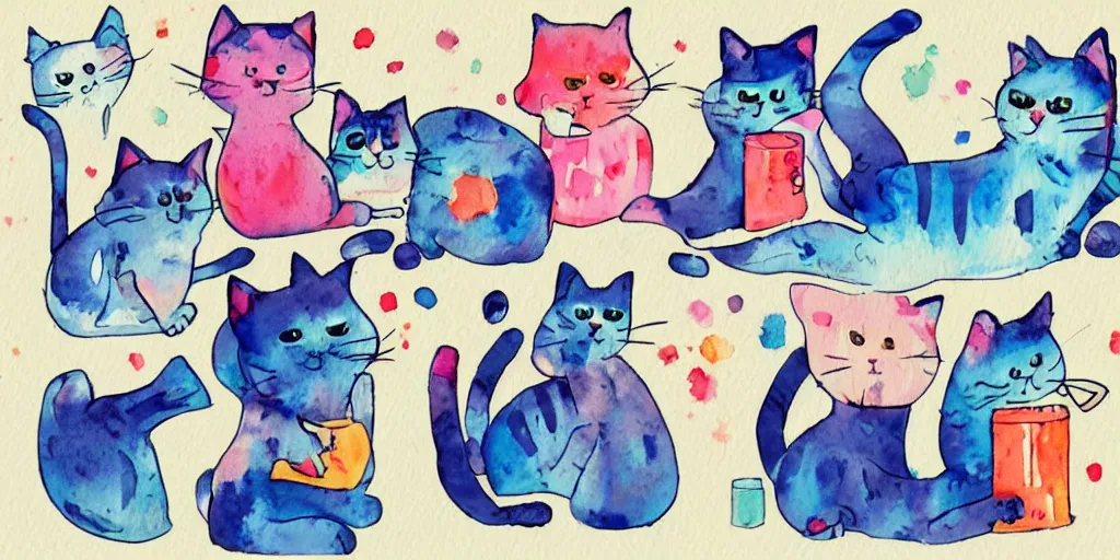 Image similar to watercolor illustration style, cute! cats! training in the fitness studio