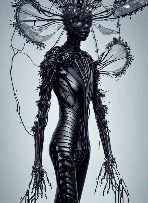 Image similar to catwalk, forest, iris van herpen gothic inflateble dark dress, perfect symmetrical body, helmet on face, full body shot, inflateble shapes, wires, tubes, veins, jellyfish, white biomechanical details, wearing epic bionic cyborg implants, masterpiece, intricate, biopunk, vogue, highly detailed, artstation, concept art, cyberpunk, octane render